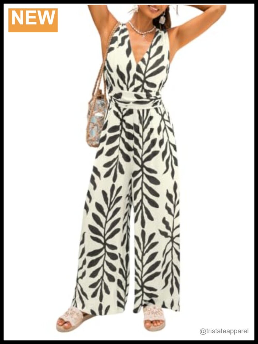 Womens Sleeveless V Neck Smocked Wide Leg Jumpsuit Vacation Beach Outfit